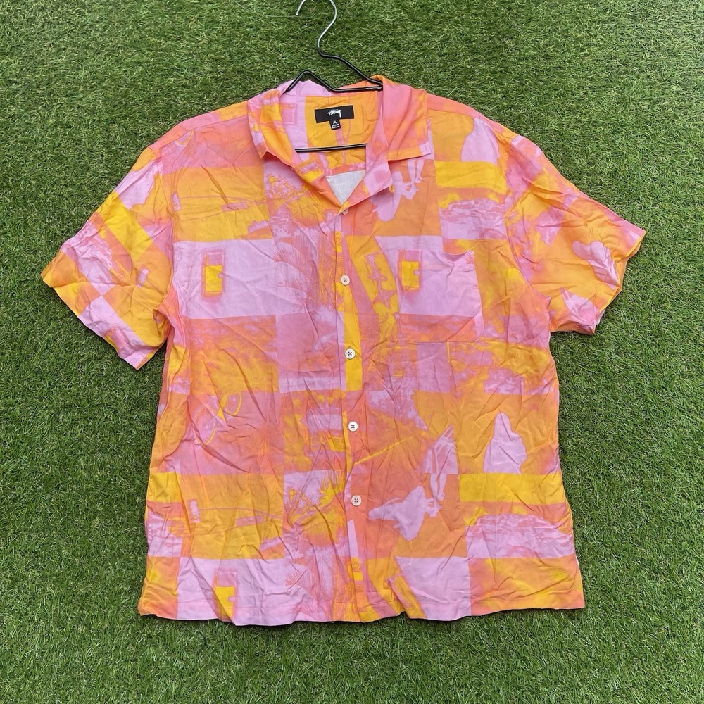 Stussy Shirt Mens Medium Pink Short Sleeve Button Up Lightweight Abstract y2k